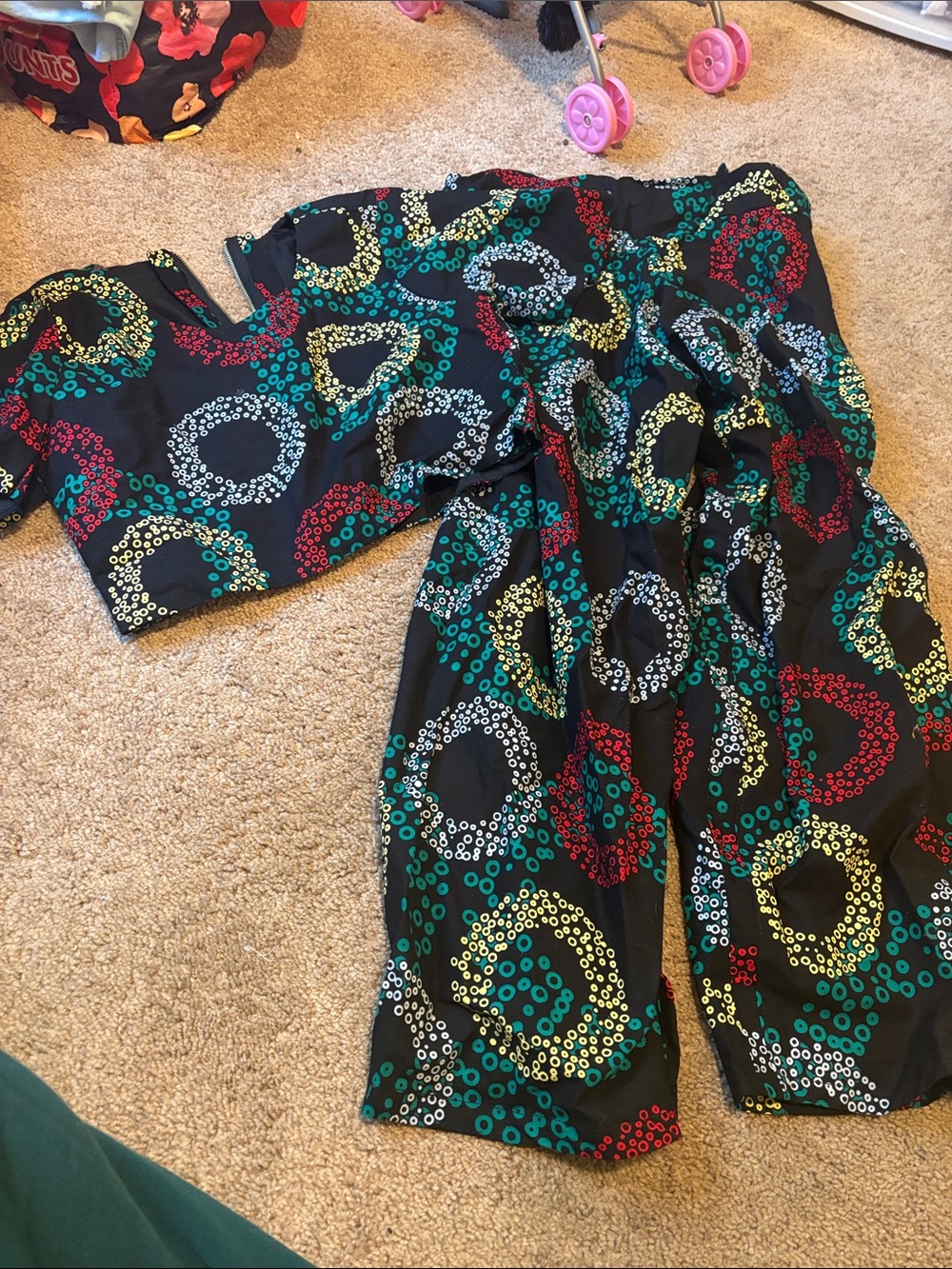 Custom made Black Crop Top and Wide Leg Pants Set with Multicolor Circle Print